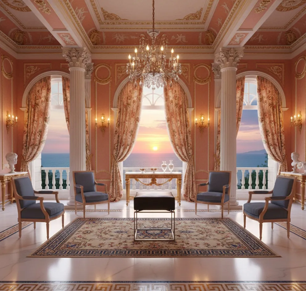 Antiga banqueta em um elegante ambiente de sala ao pôr do sol