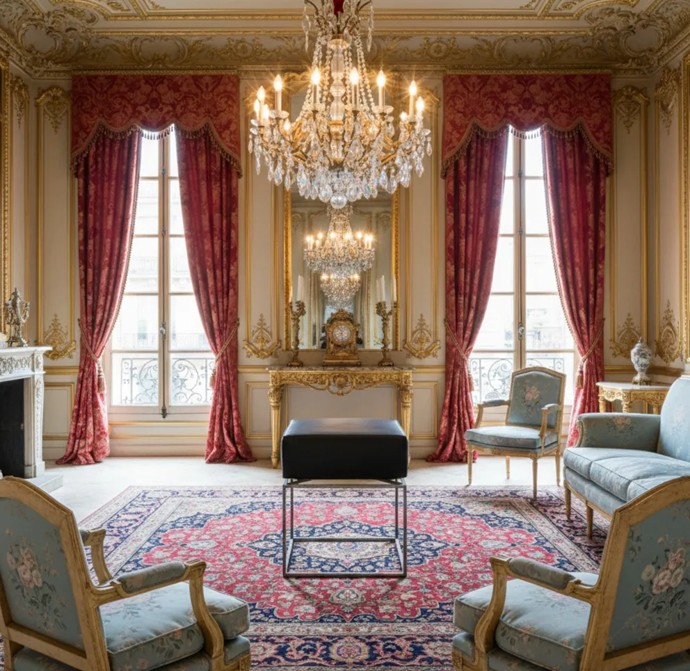Antigua banqueta en un salón elegante con candelabros.