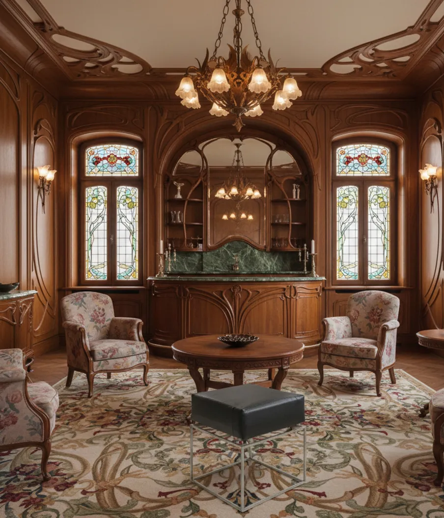 Sgabello antico in un elegante salone con motivi floreali e luce soffusa