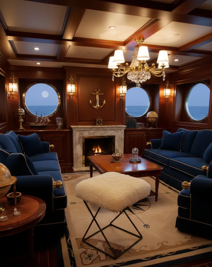 Banqueta antiga com assento macio em ambiente náutico