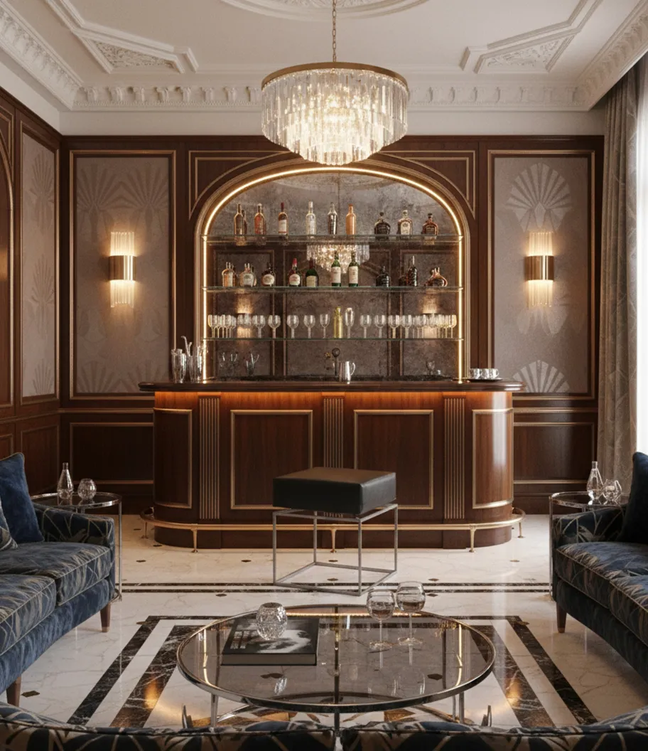 simple antique sidewalk stool in an elegant space with a sophisticated bar