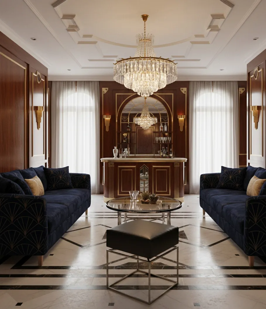 Antiker Hocker in einem eleganten Wohnzimmer mit Kristalllampe