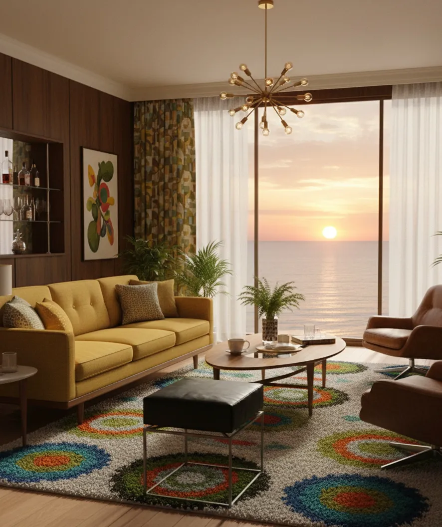 black antique decorative bench in a cozy living room with sea view