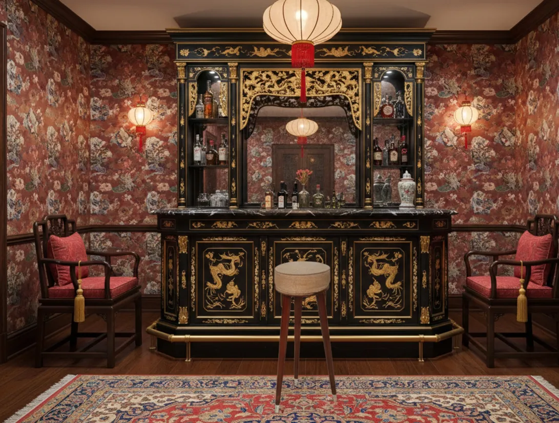 Antiker Hocker in einer Bar mit floraler Dekoration