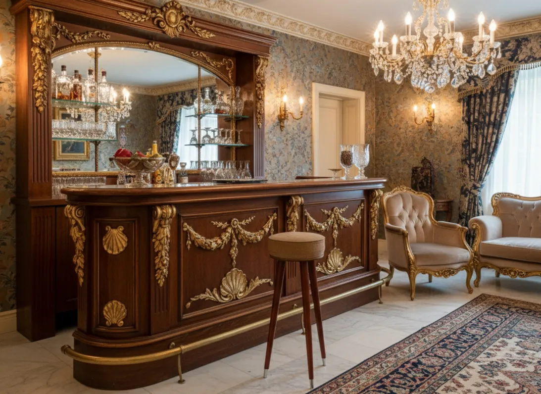 Antigua banqueta de bar en un entorno elegante con sofá y detalles lujosos.