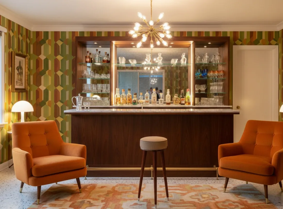 Antiker Hocker mit einfachem Design in gemütlicher Umgebung mit orangefarbenen Stühlen.