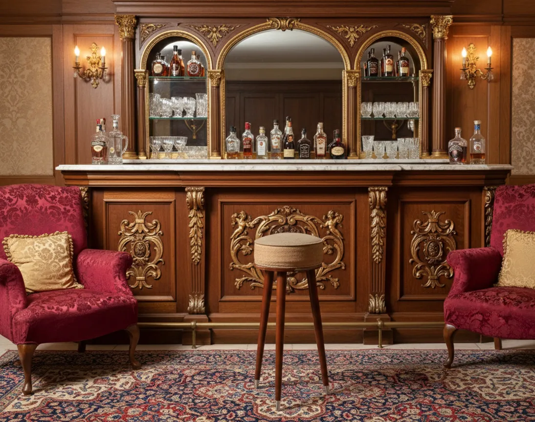 Antique round bar stool with thin legs in an elegant setting with red armchairs.