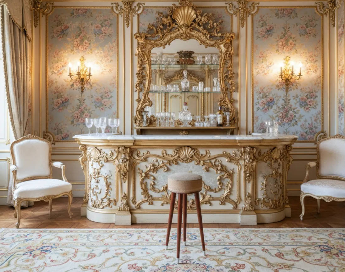 Antique stool with light-colored legs in a classic setting.