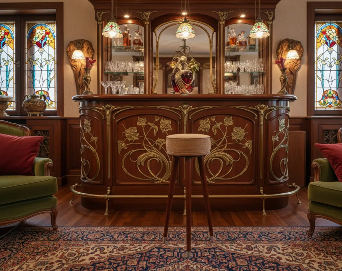 Banqueta antigua con diseño elegante, ambiente acogedor y decoraciones vintage