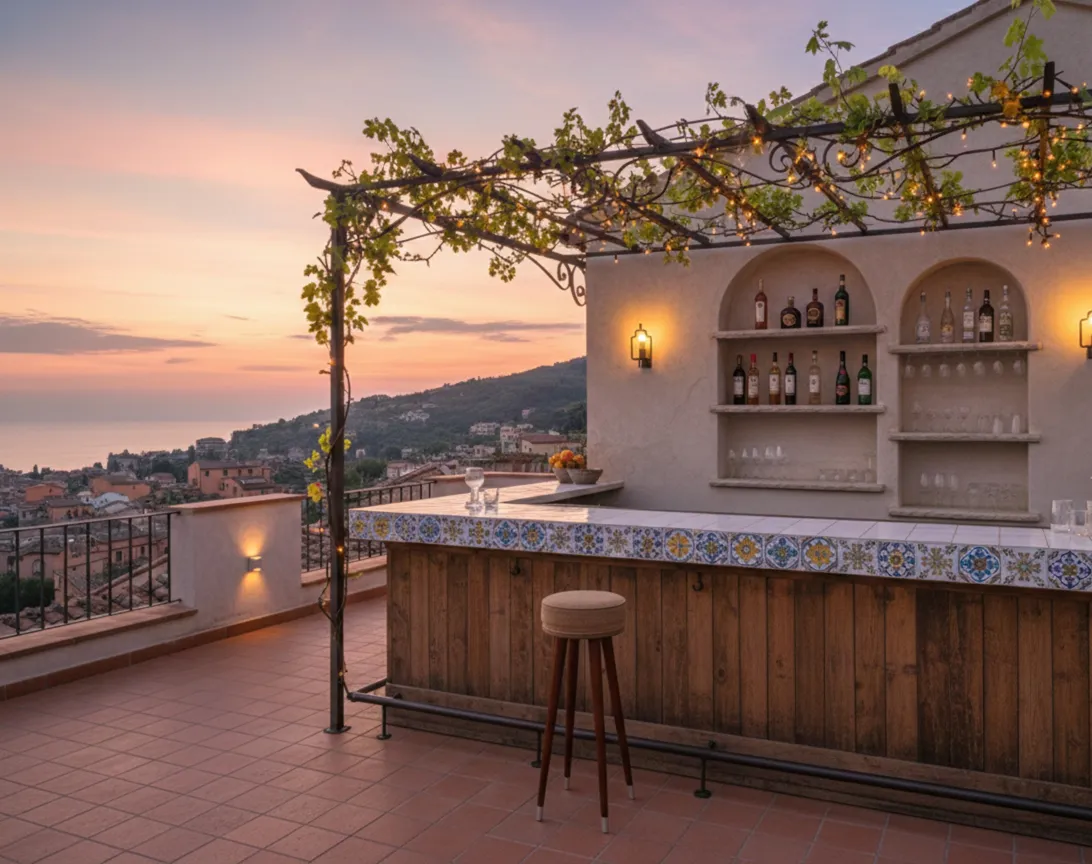 Antico sgabello da bar in un ambiente di terrazza con vista sul mare