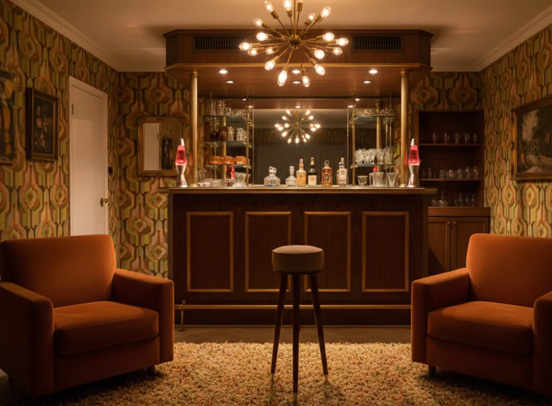 tabouret ancien dans une ambiance de bar rétro avec des fauteuils