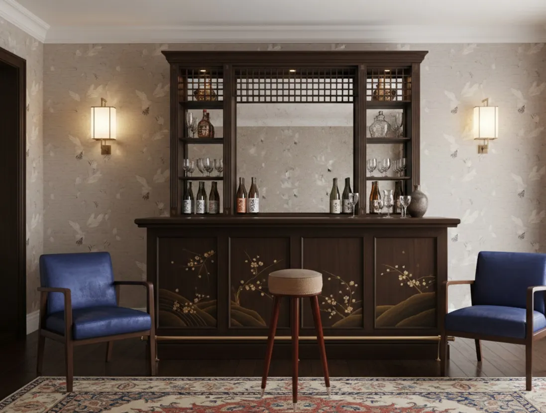 antique stool at a bar, decorative rug and blue chairs