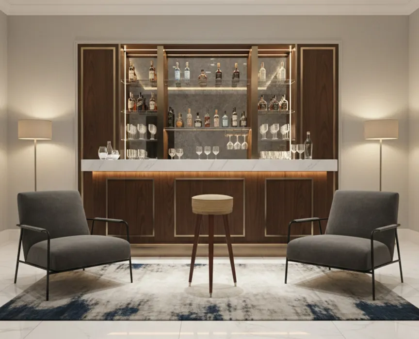 античный круглой табурет в современном интерьере с креслами и баром