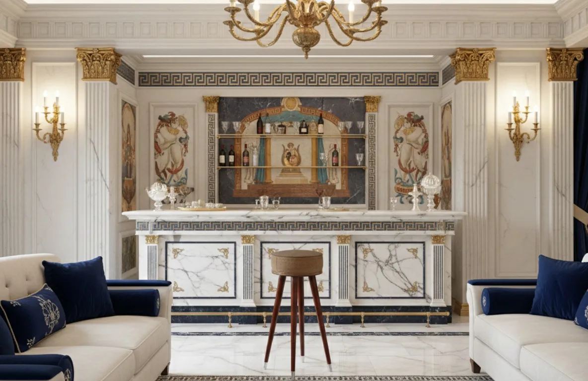 Antigua banqueta de bar en un elegante entorno con sillas y decoración.