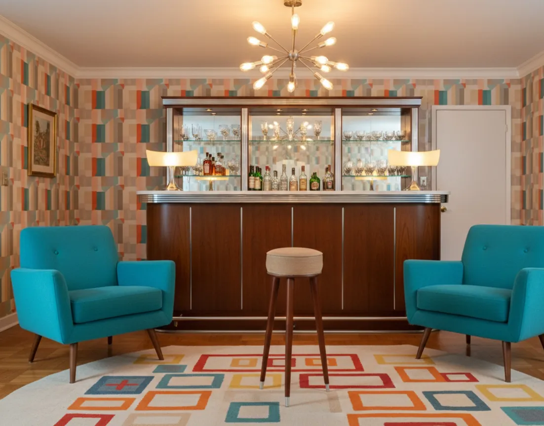 Banqueta antiga em uma sala moderna com cadeiras azuis