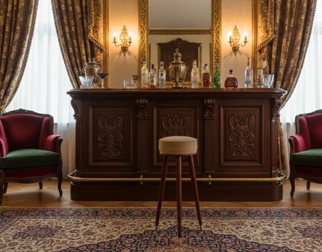 antiga banqueta de bar com design clássico em um ambiente decorativo elaborado