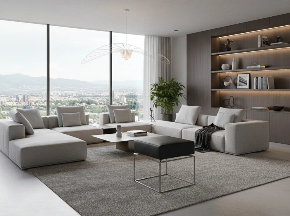 banqueta antiga com design elegante em sala moderna e espaçosa