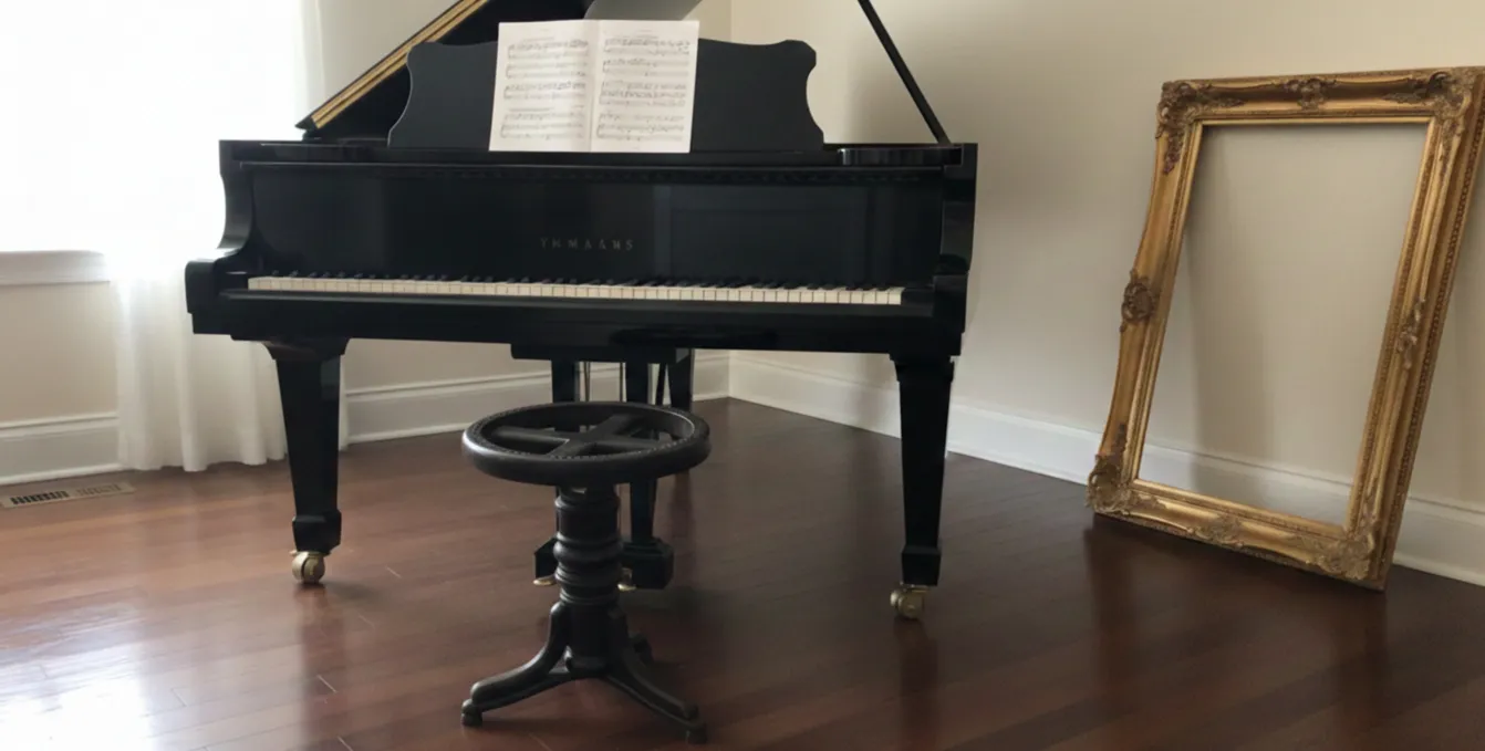 Banqueta antigua Thonet con diseño clásico, frente a un piano.