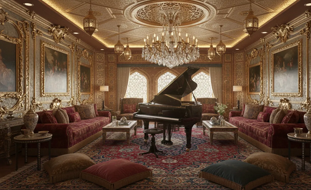 antigua banqueta Thonet en un salón lujoso con piano