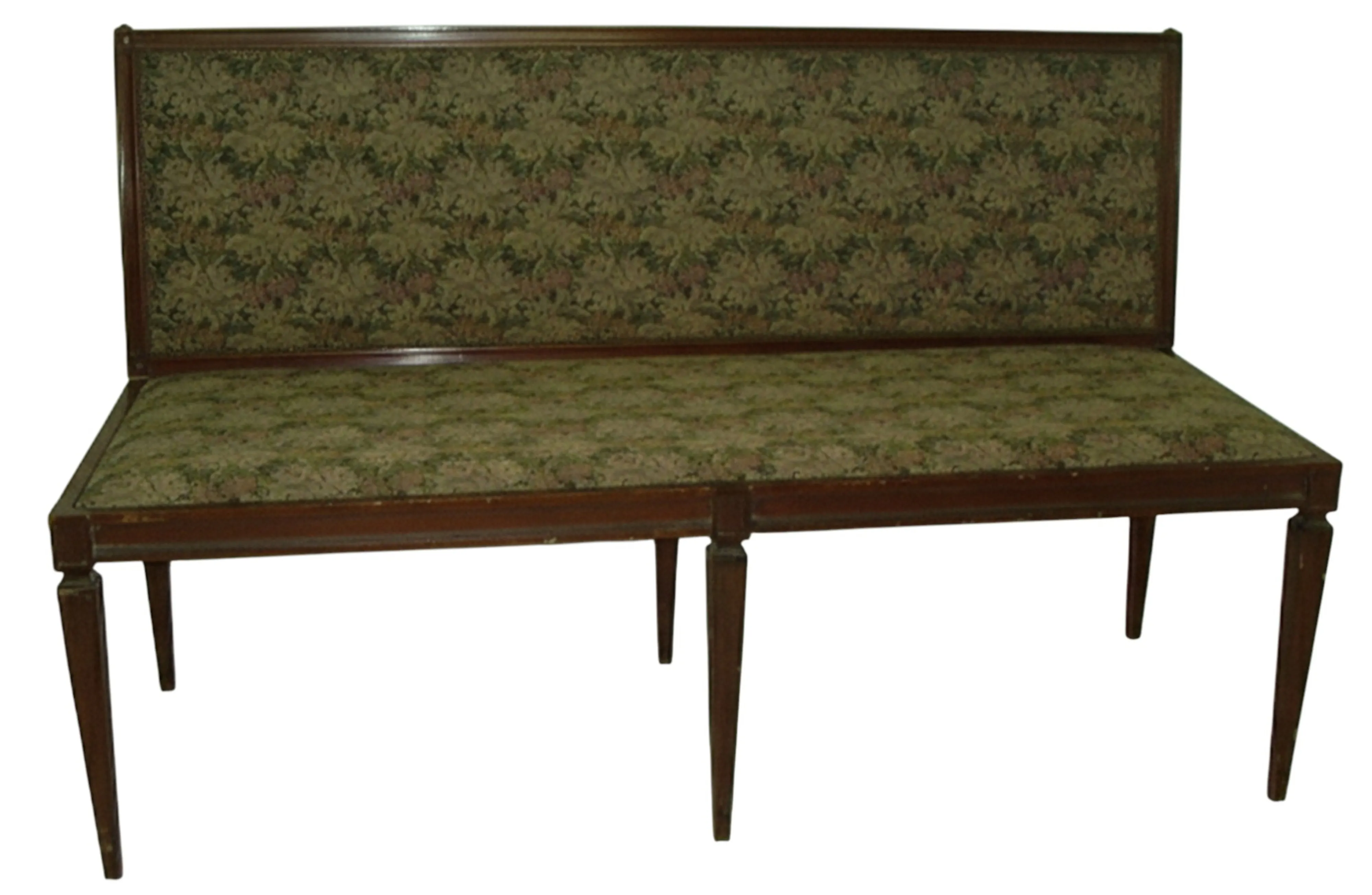 Antiga banqueta com encosto e estampa floral, encantadora.