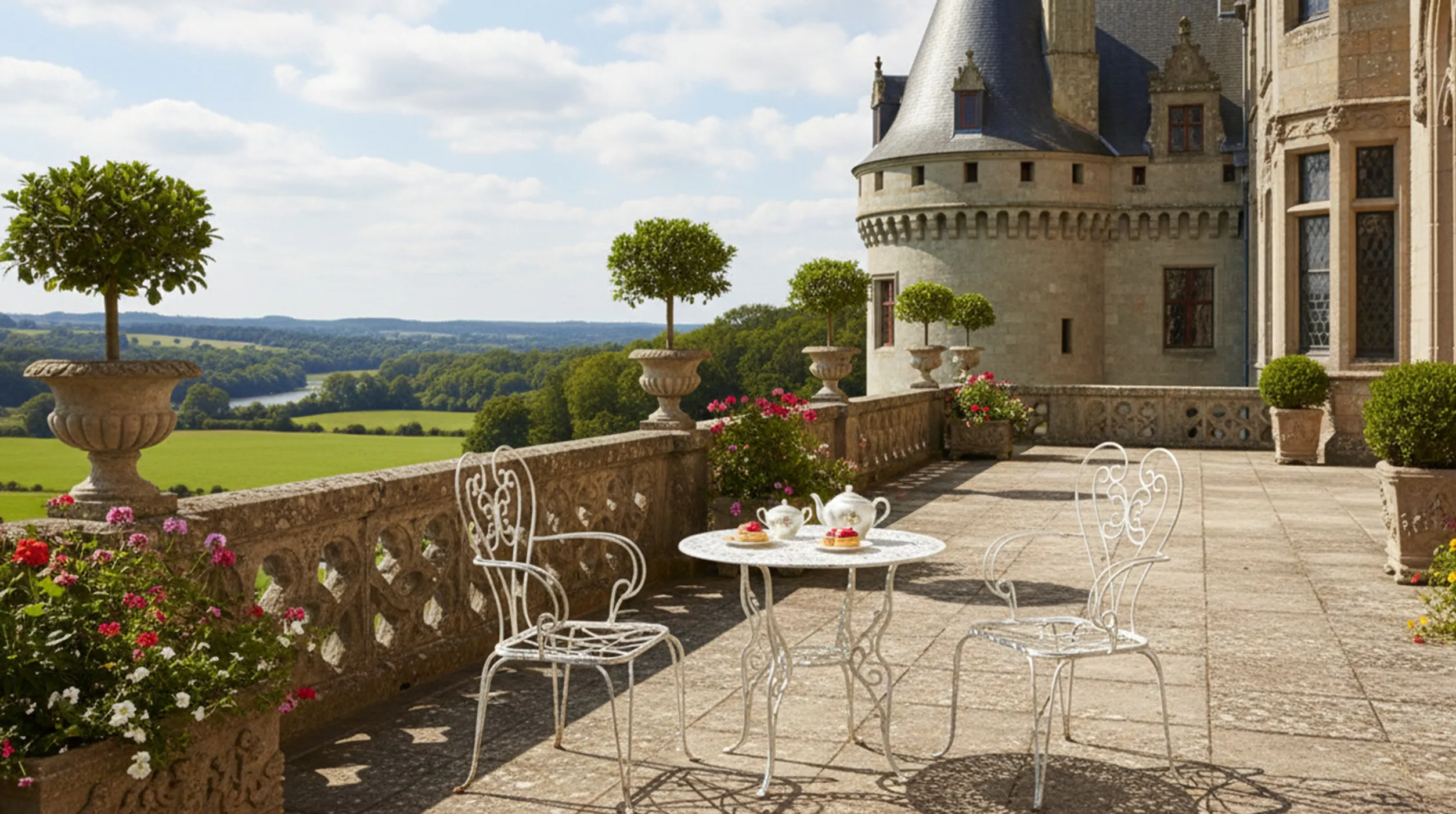 vue panoramique de fauteuils de jardin anciens sur un balcon