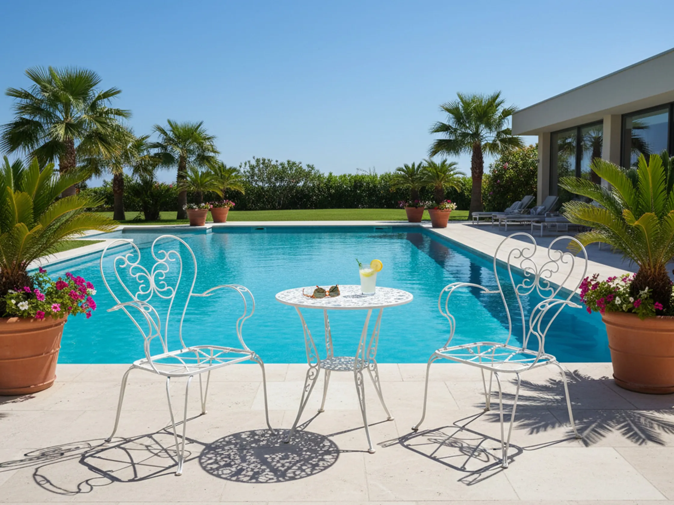 Tres sillones de jardin antiguos en un ambiente de piscina, rodeados de palmeras y flores