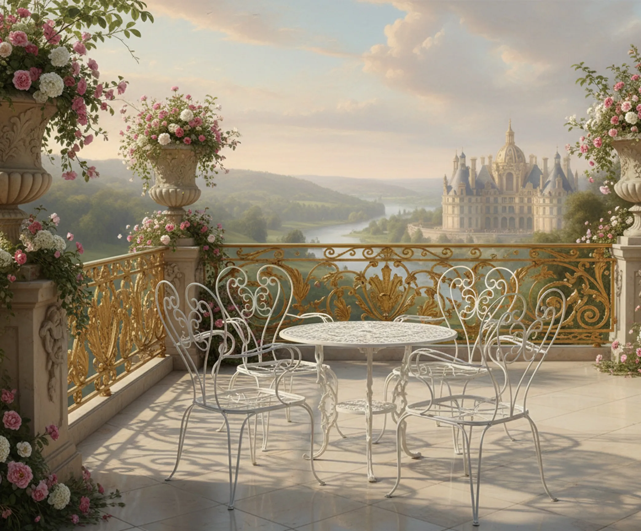 Tre poltrone da giardino antiche su una terrazza elegante con fiori.