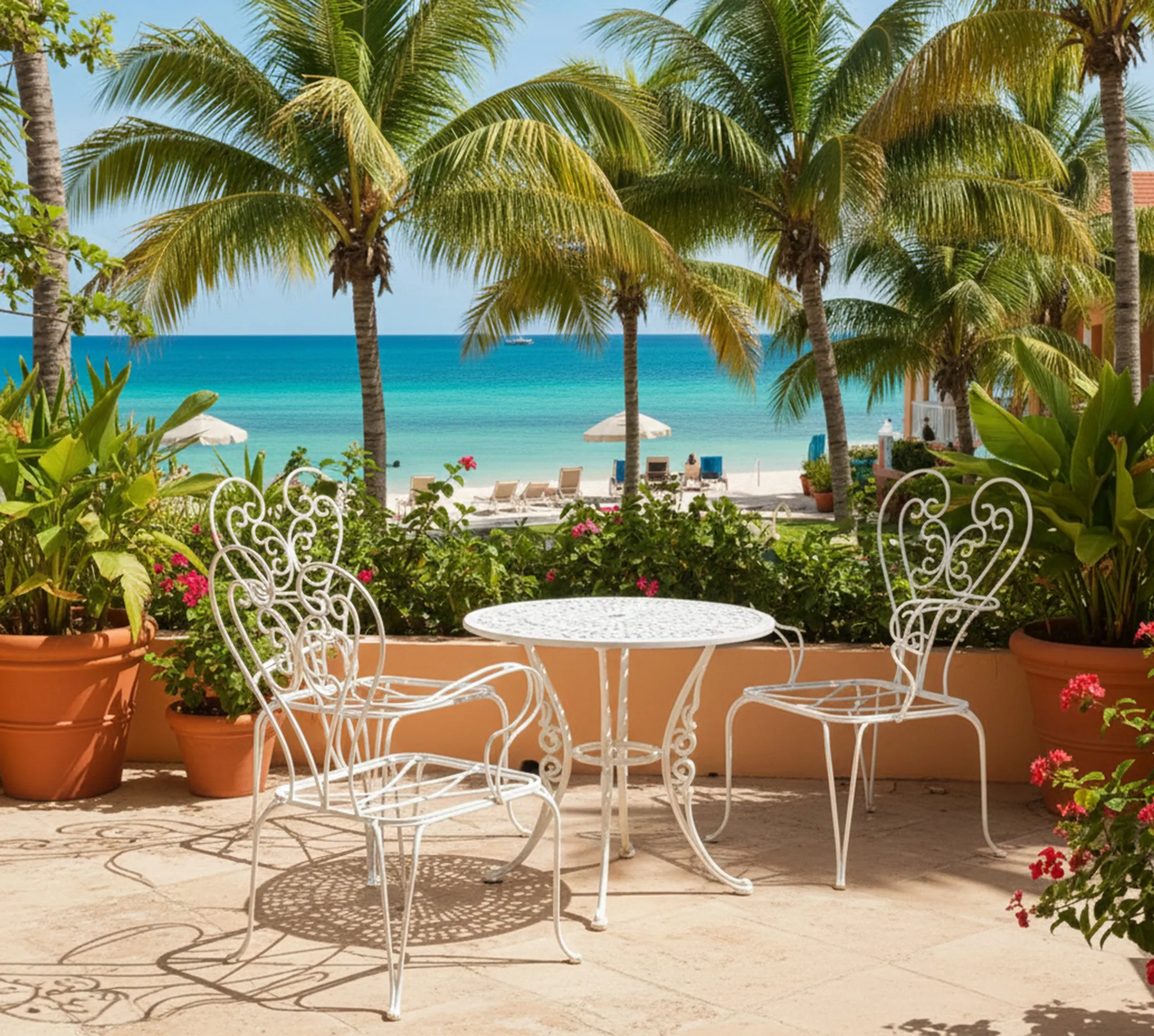 Sillones de jardín antiguos blancos con vista al mar y palmeras