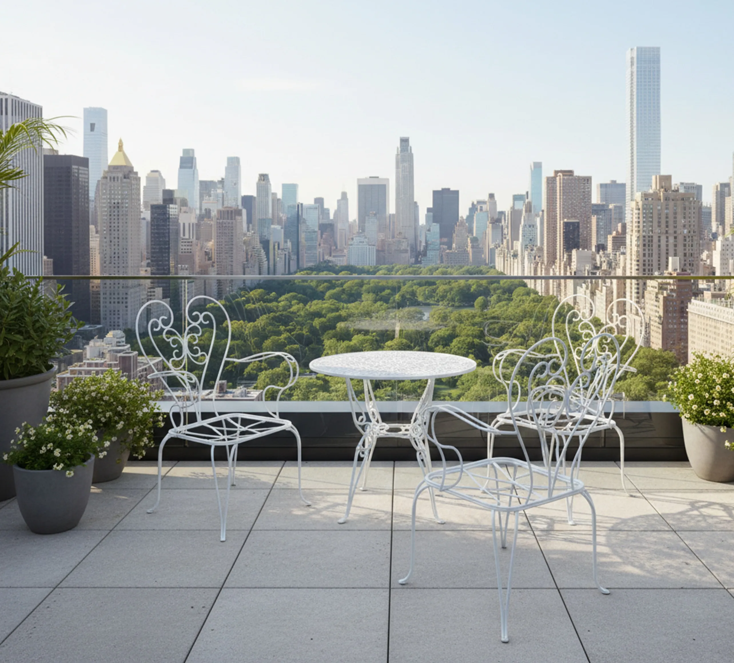 Tre poltrone da giardino antiche su una terrazza con vista