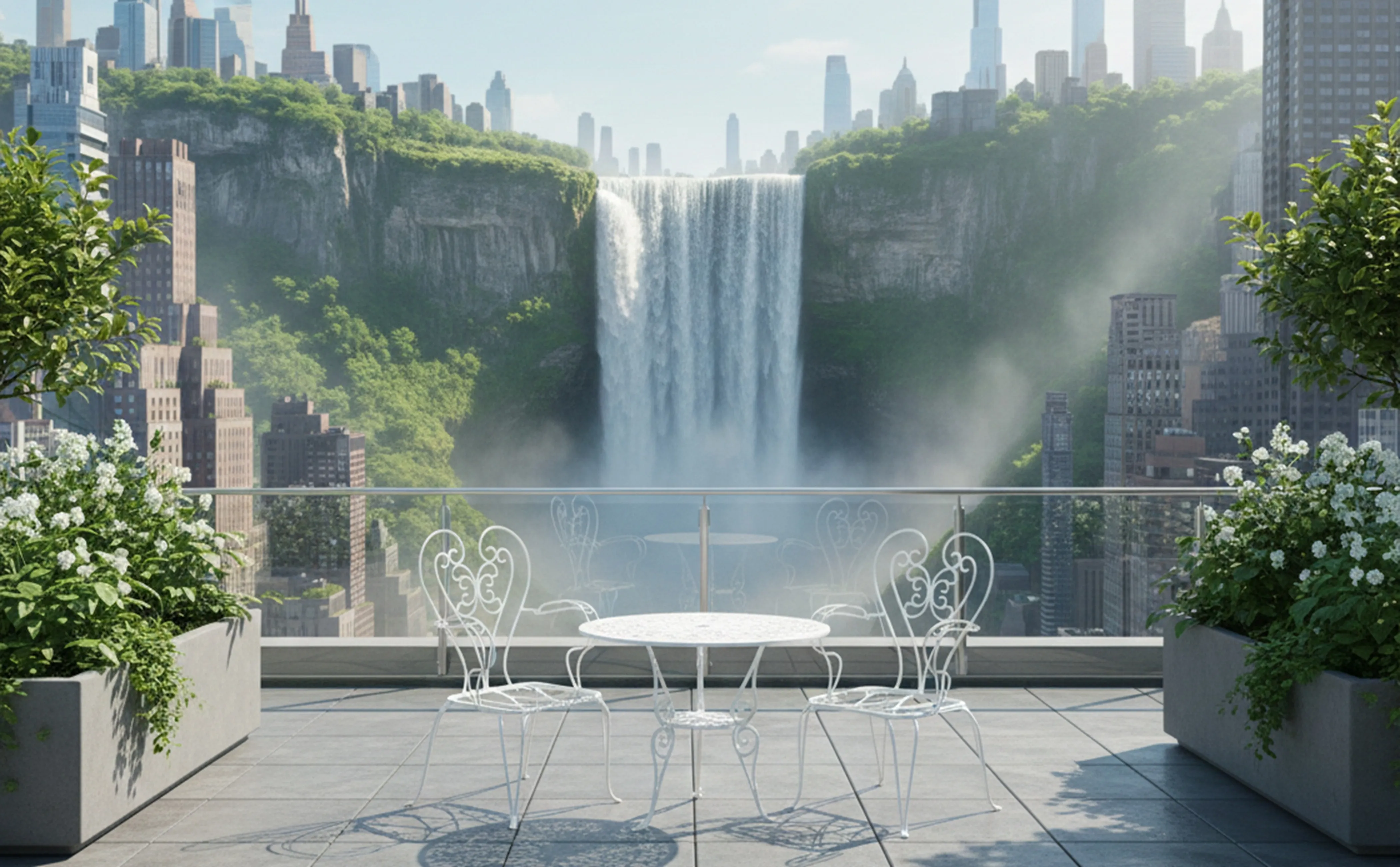 Tres sillones de jardin antiguos, elegantes, en un balcón con vista