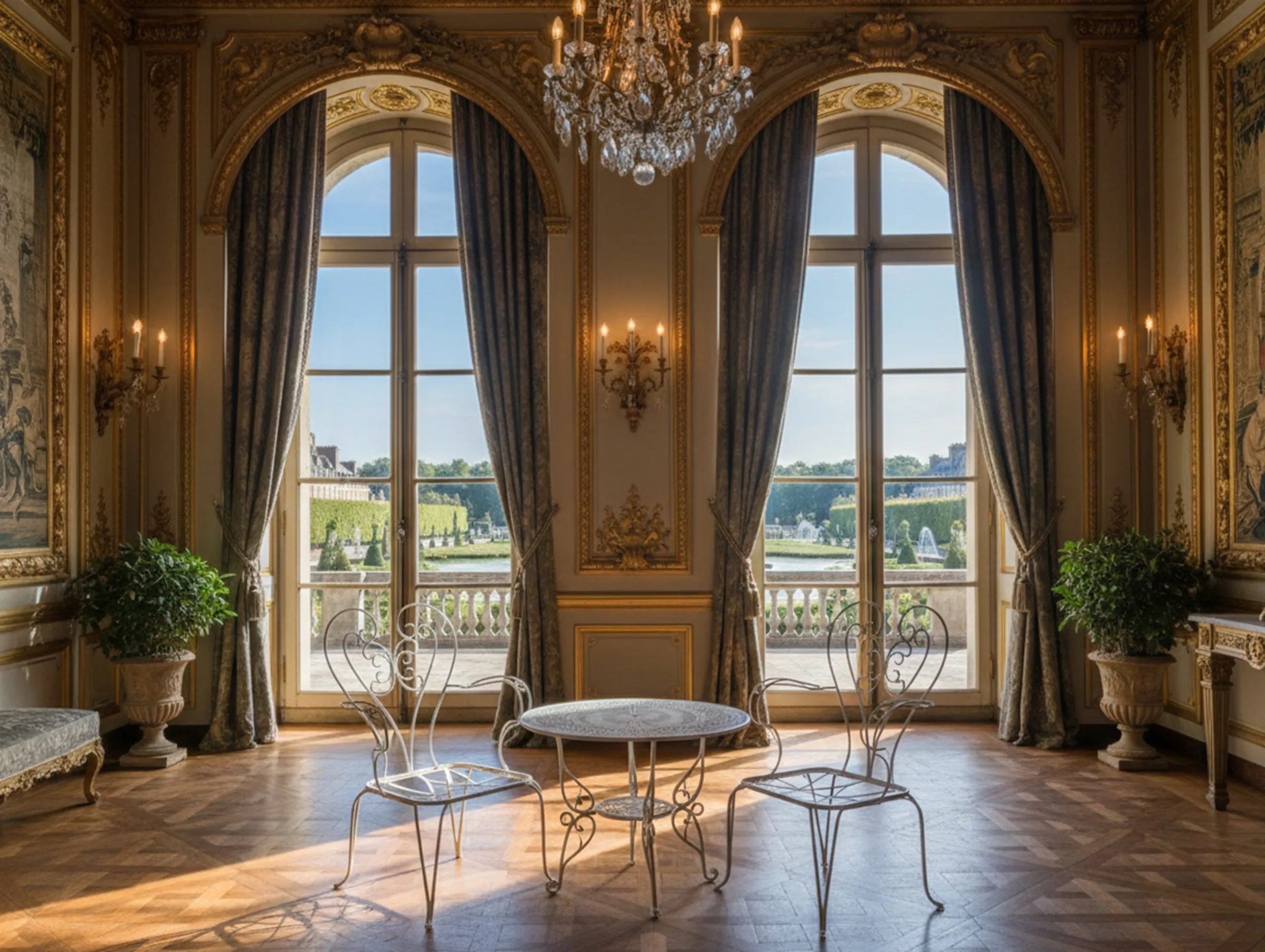 Three antique garden armchairs in an elegant setting. Beautiful views.
