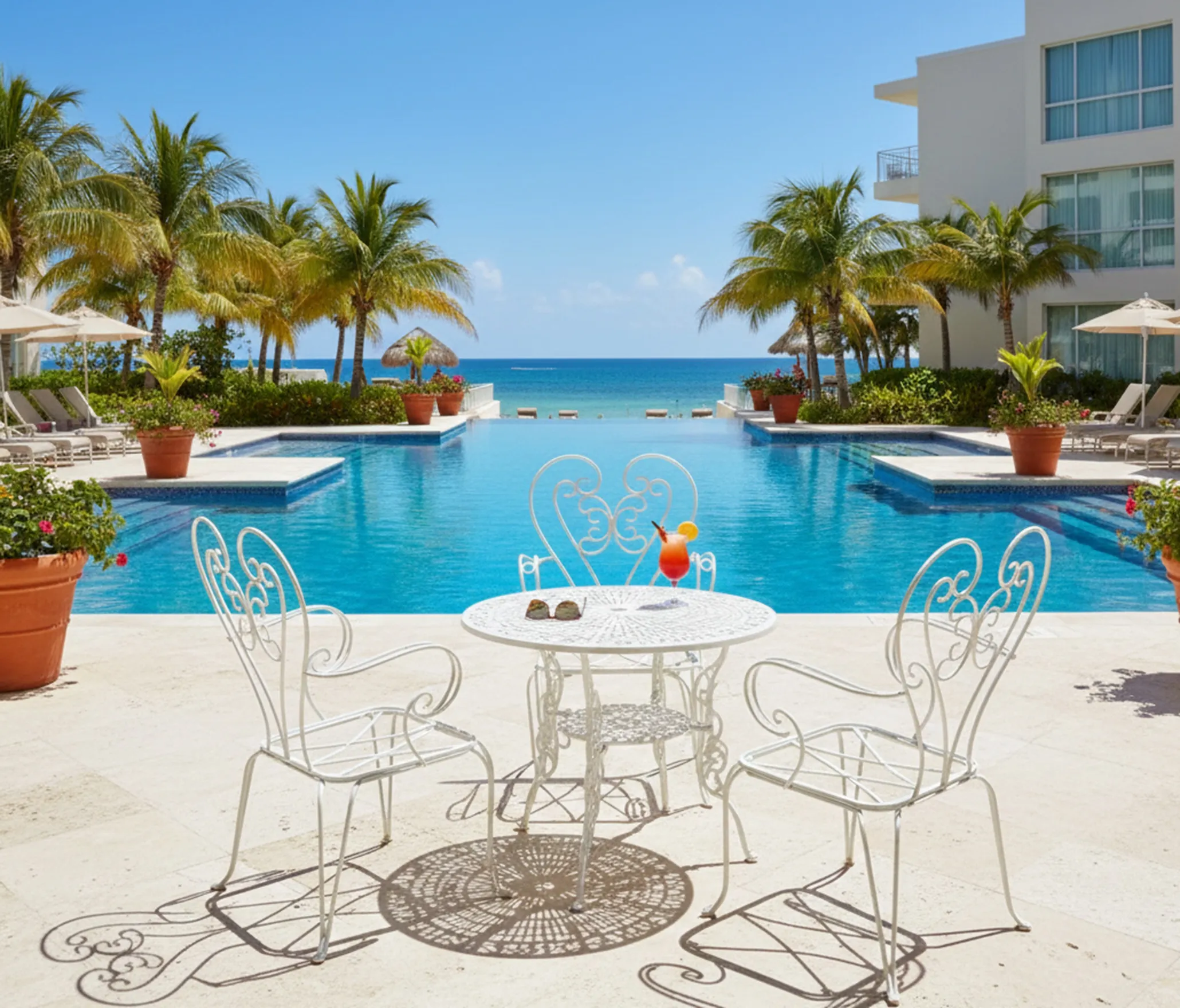 Three antique garden armchairs by a serene poolside
