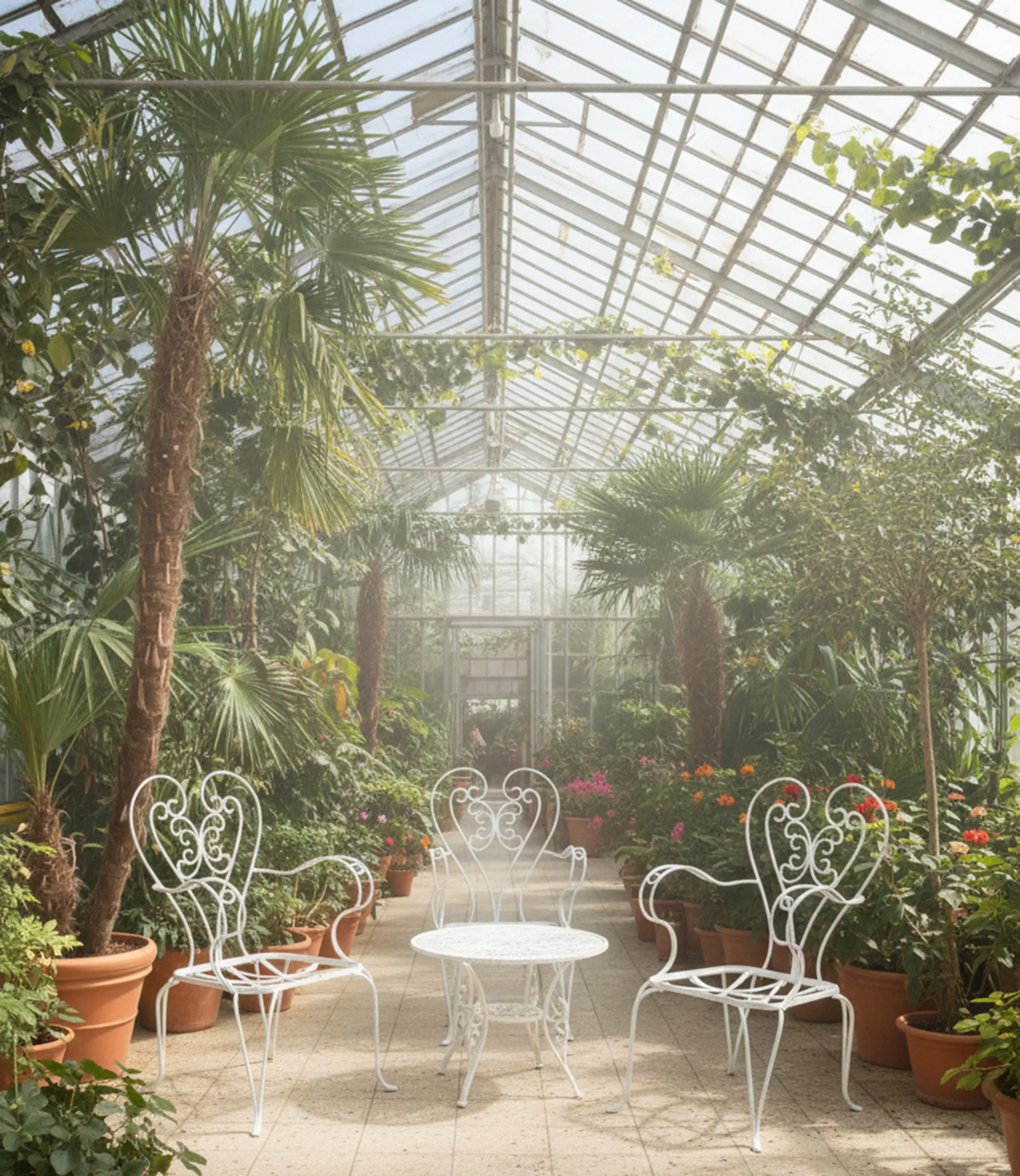 3 fauteuils de jardin blancs anciens dans un cadre tropical