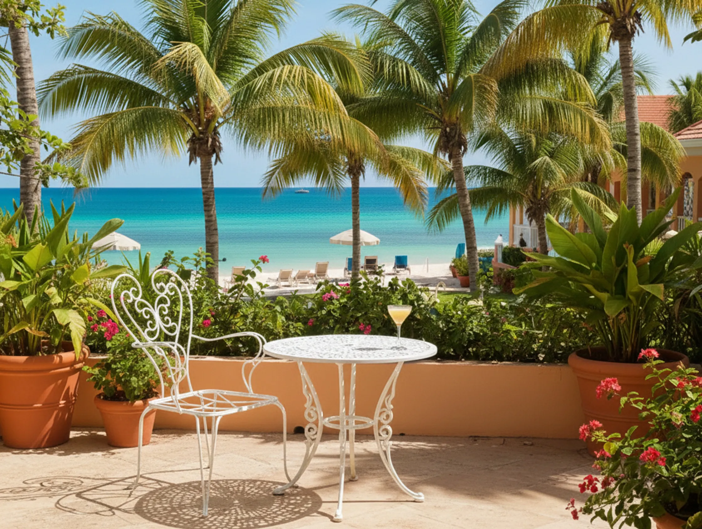 3 antique garden armchairs near a white table and palm trees