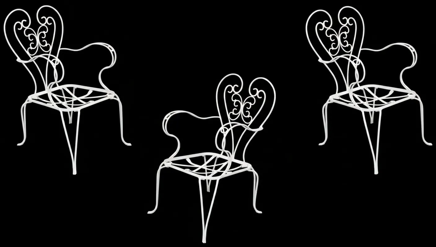 Ensemble de 3 fauteuils de jardin anciens au design élaboré en blanc sur fond noir.