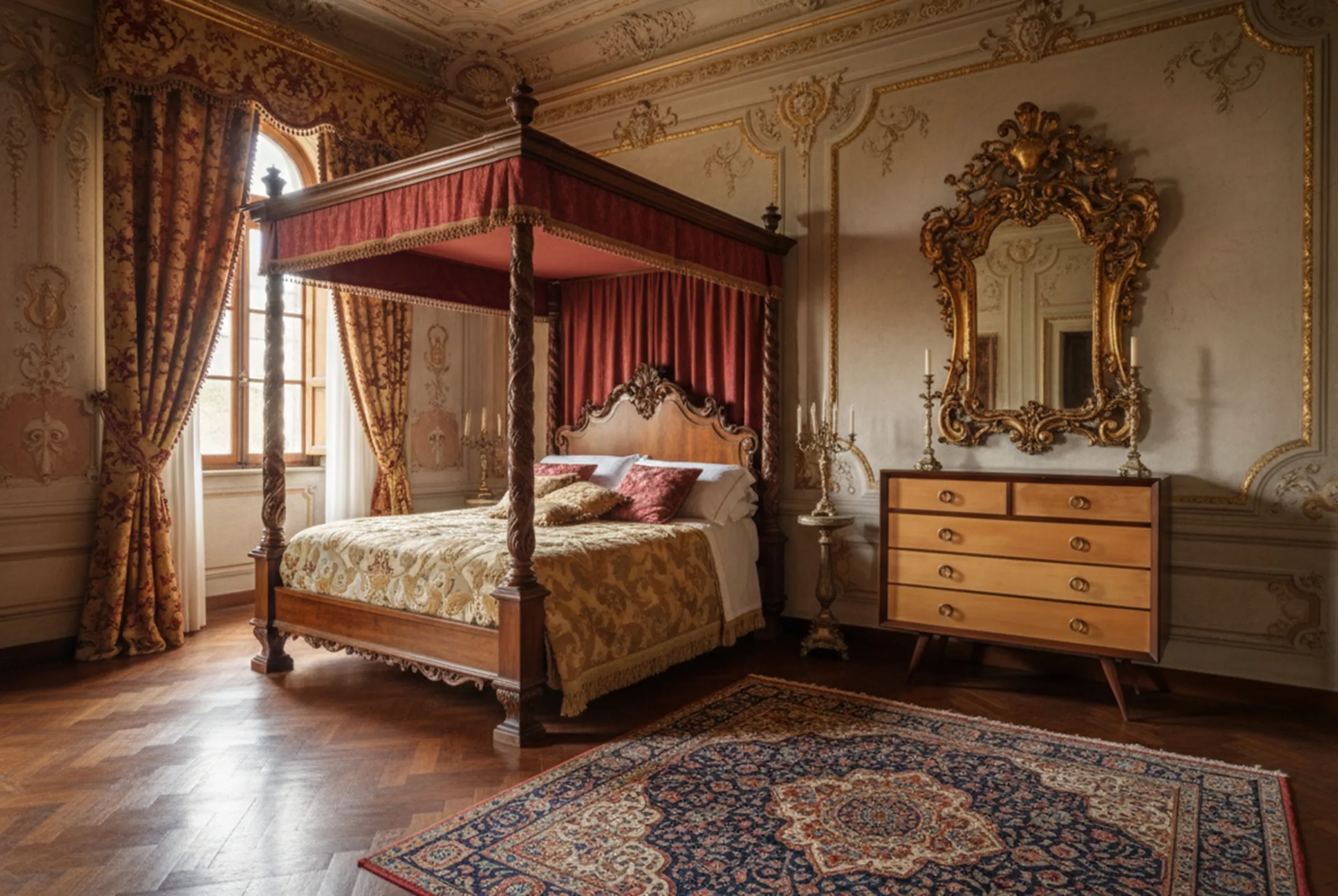 Gaveteira antiga com dois gavetas em um ambiente elegante com cortinas douradas e cama com dossel.