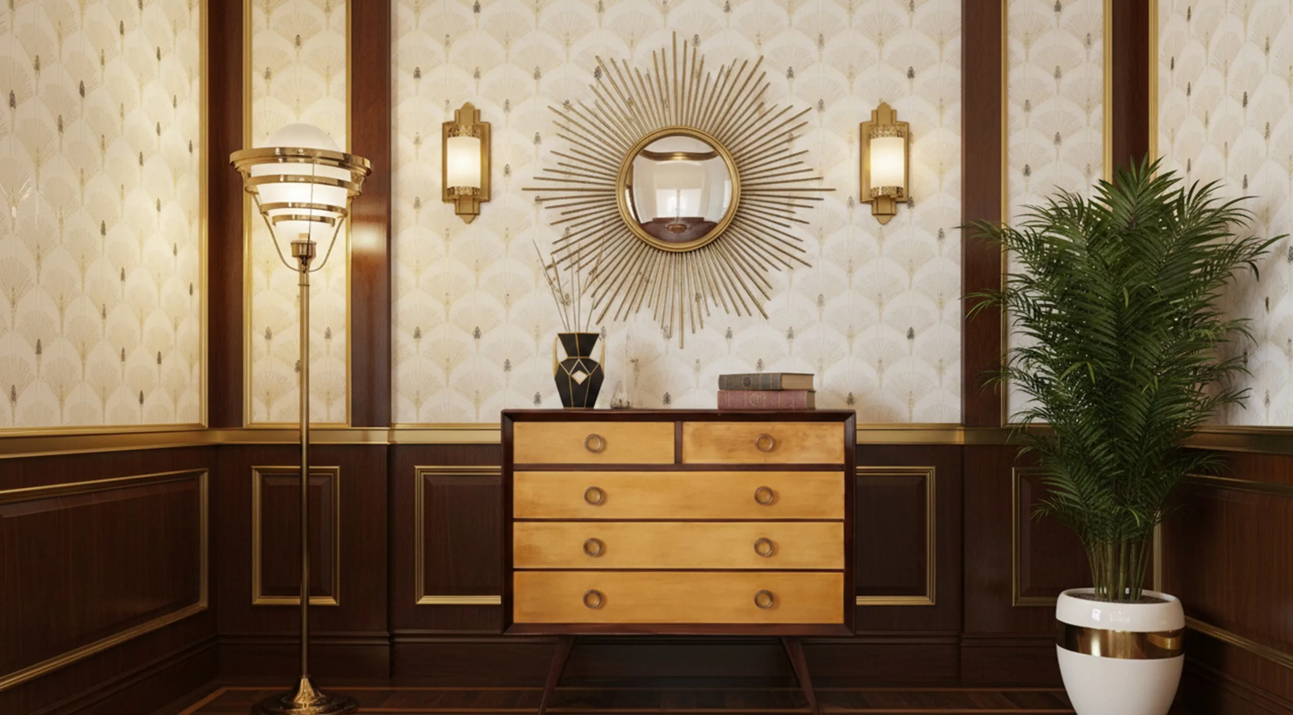 Commode antique avec cinq tiroirs et détails classiques dans un cadre élégant.