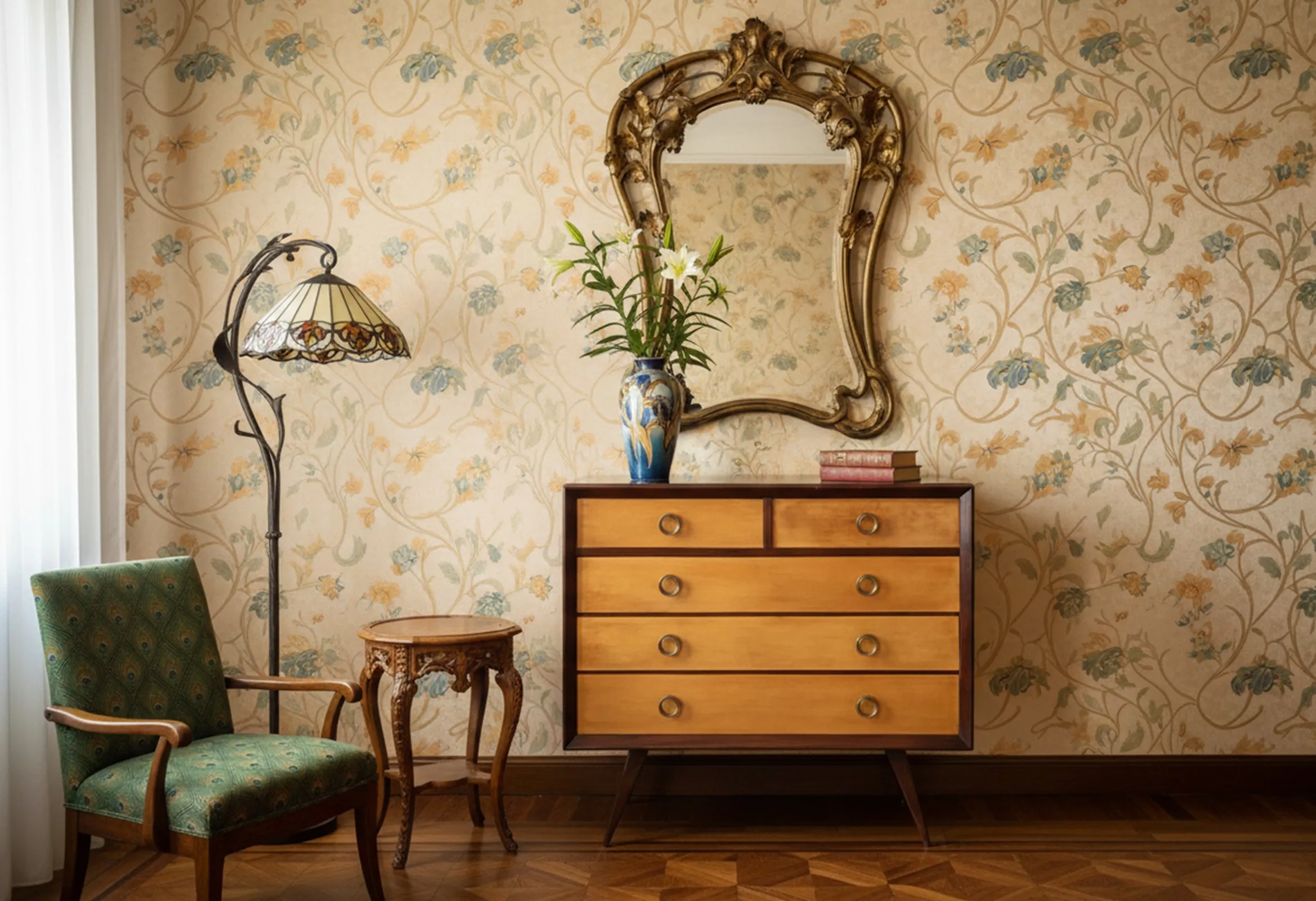 Commode antique avec six tiroirs dans une pièce décorée