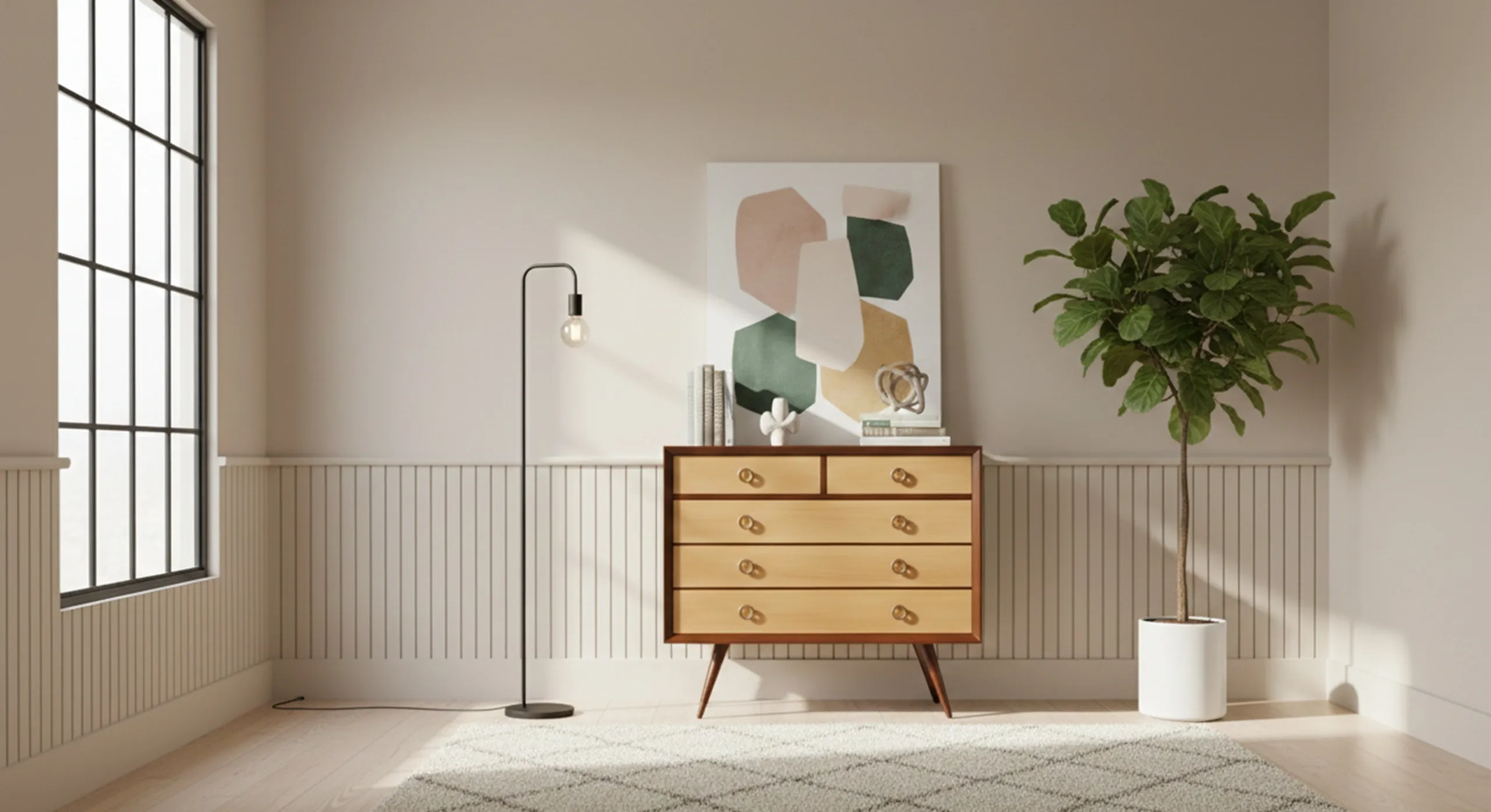 Commode ancienne avec cinq tiroirs, décoration élégante.