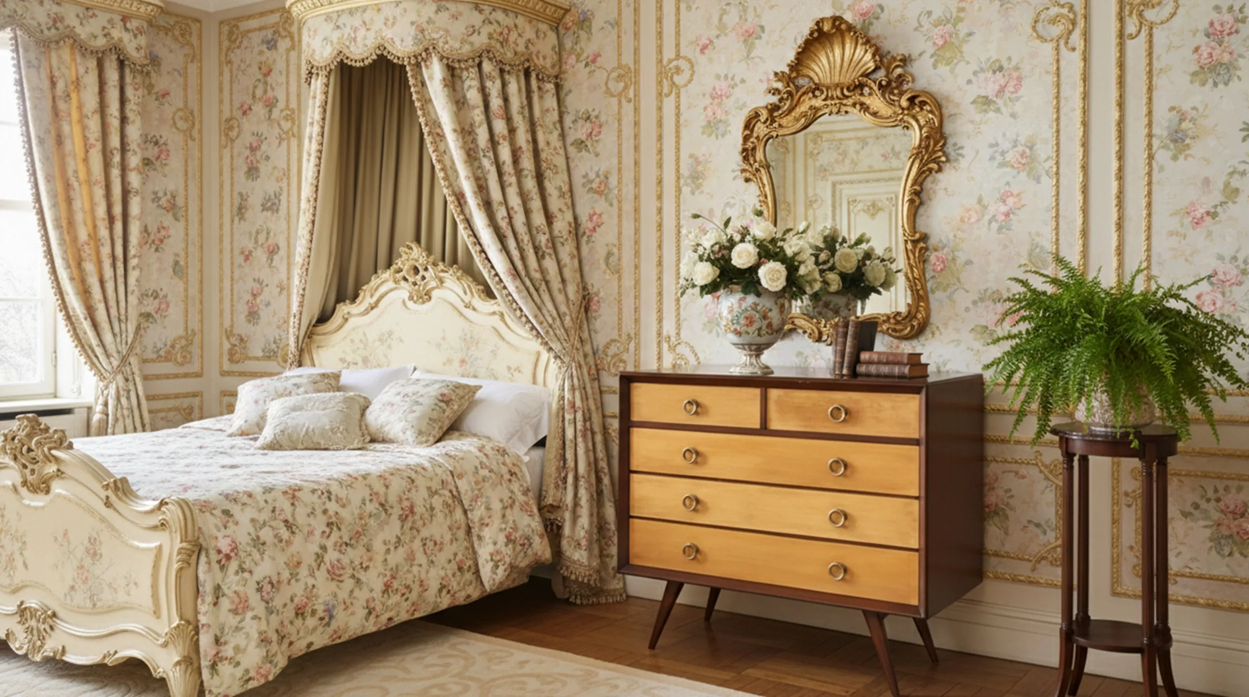 Cassetto antico con sei cassetti in una stanza elegante, decorazione floreale