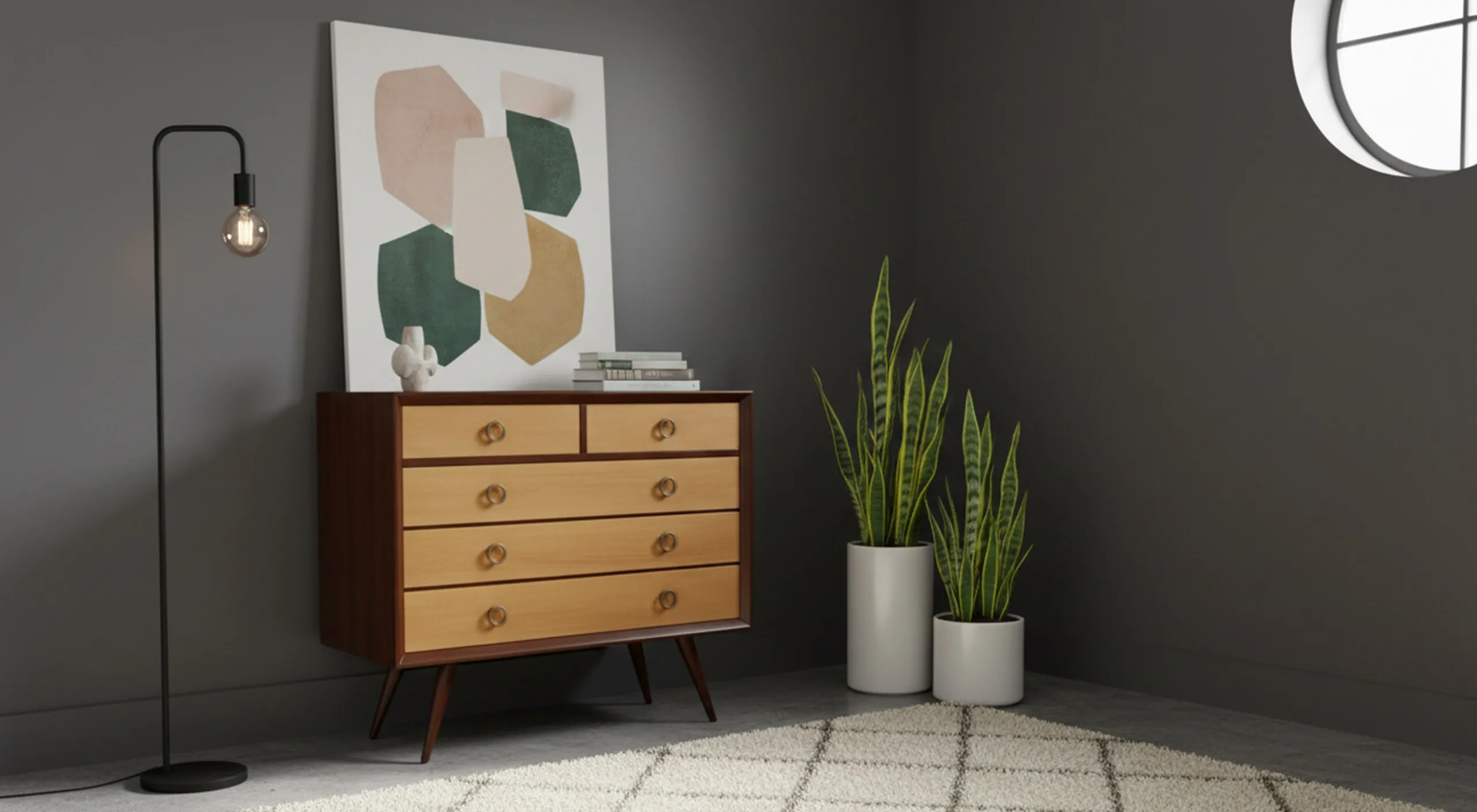 Gaveteira antiga com design contemporâneo em ambiente moderno com plantas