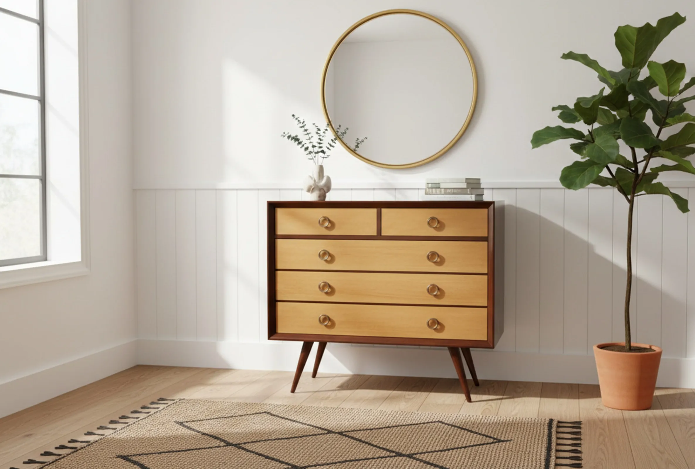 带有五个抽屉和圆形把手的古董橱柜，旁边是一盆植物和一个圆形镜子。