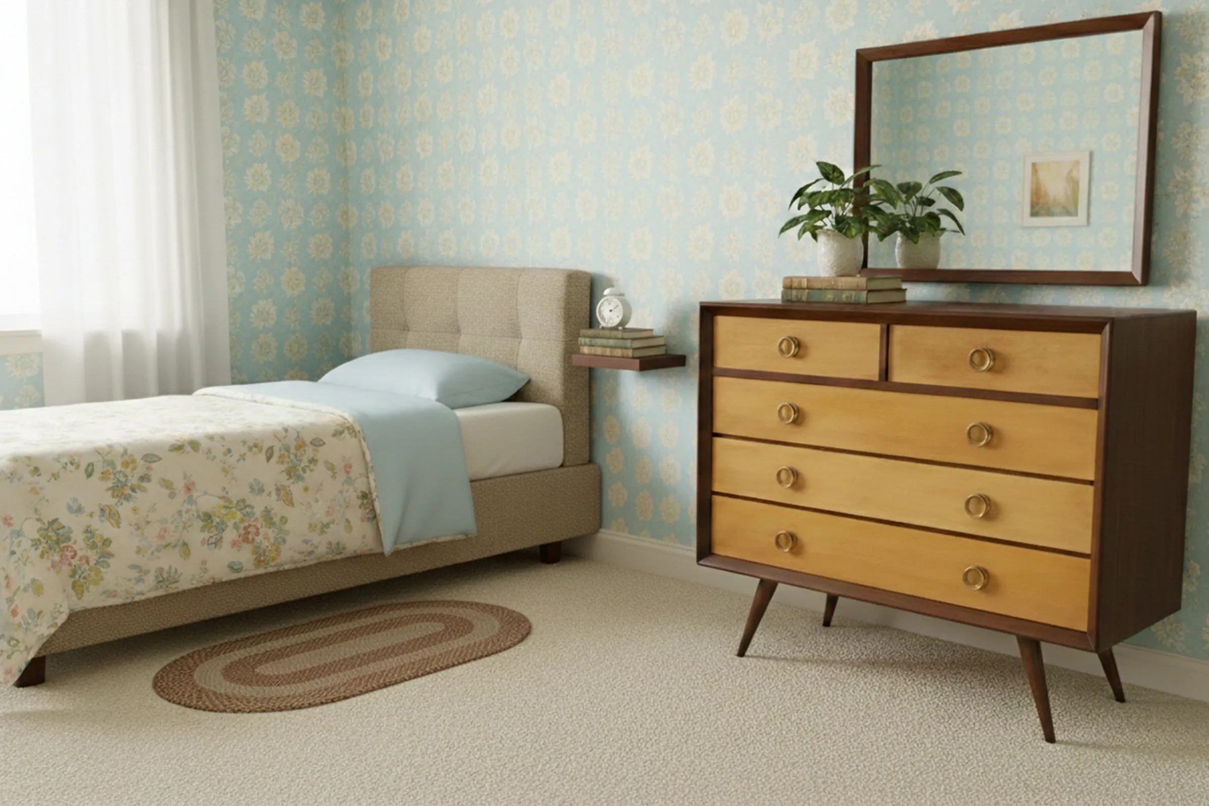 Comoda antigua con cinco cajones en un entorno acogedor