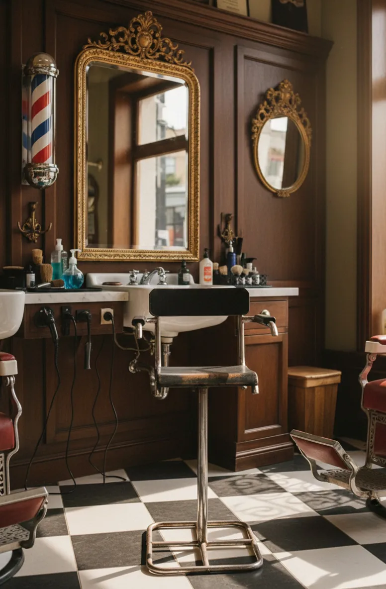 Chaise ancienne dans un salon de barbier avec des détails décoratifs, cadre classique.