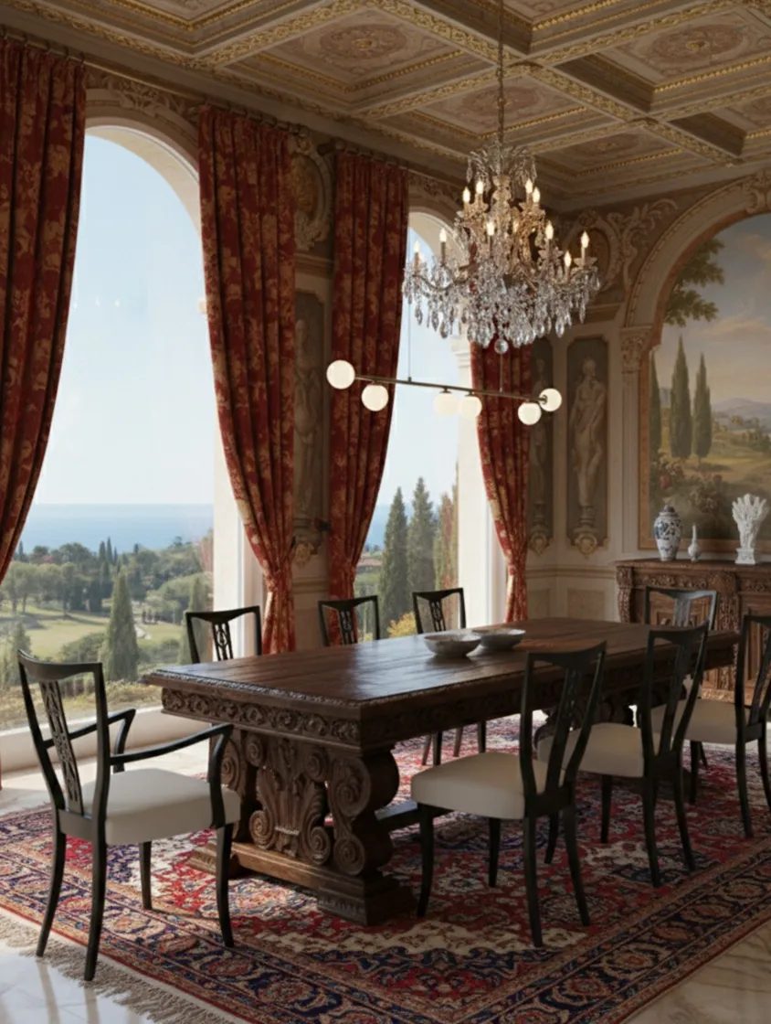 Set of 6 antique chairs and 2 armchairs in an elegant dining room with a sea view