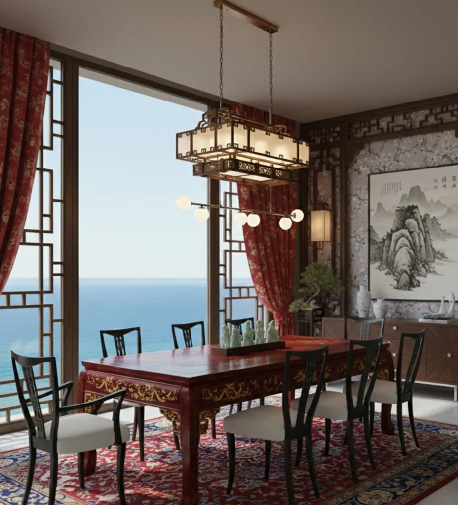 Juego de 6 sillas y 2 sillones antiguos en una habitación elegante con vista al mar