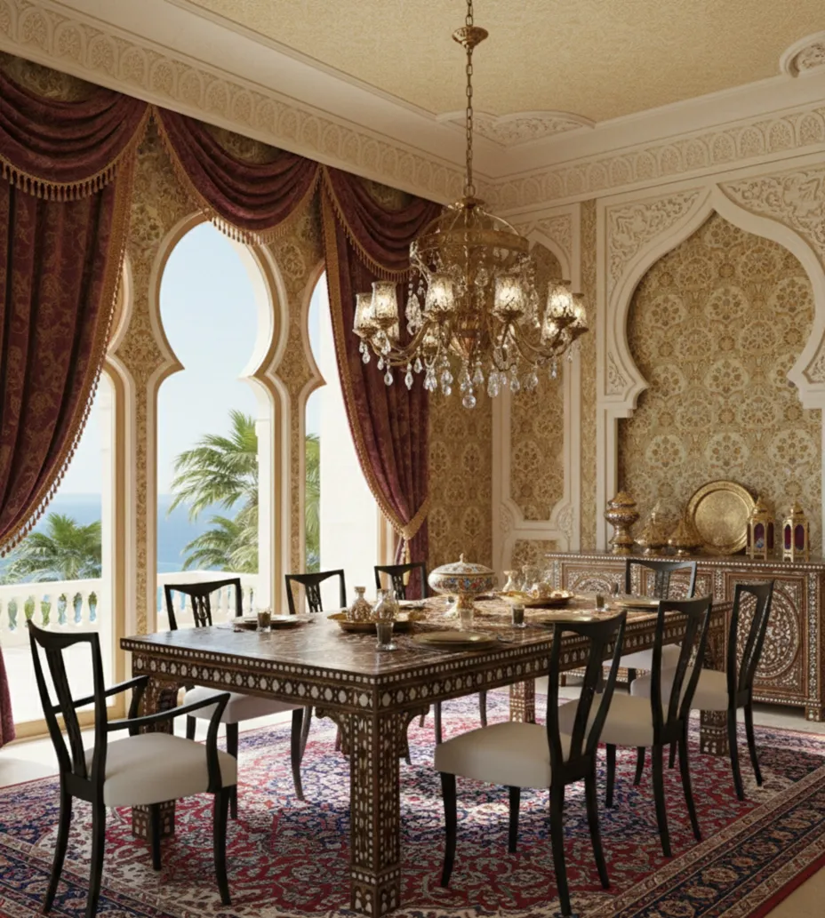six antique chairs and two armchairs in an elegant dining room