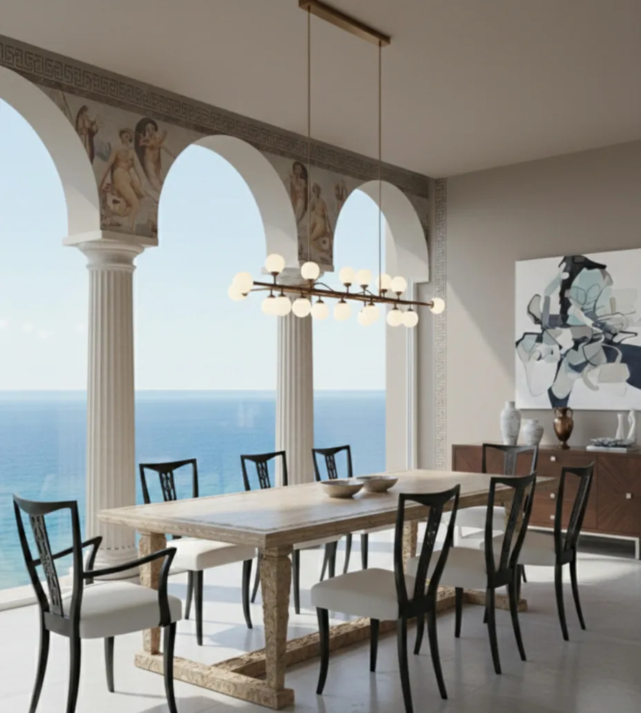 seis sillas y dos sillones antiguos en un entorno luminoso con vista al mar