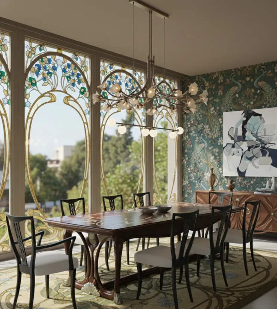 6 antique chairs and 2 armchairs in an elegant dining room with stained glass windows