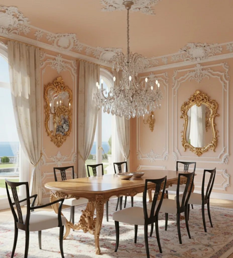 Sala con 6 sillas y 2 sillones antiguos, elegante entorno